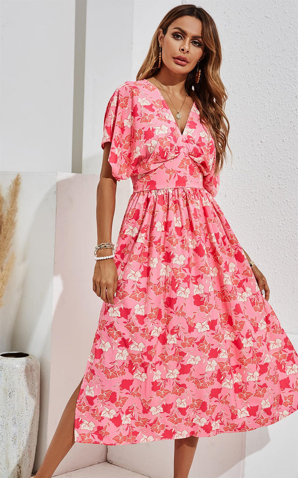White Floral Print V Neck Bohemian Style Midi Dress In Pink