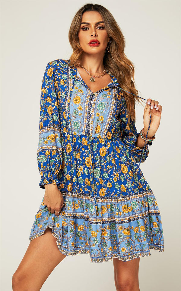 Relaxed Block Color Floral Printed Skater Mini Dress In Blue