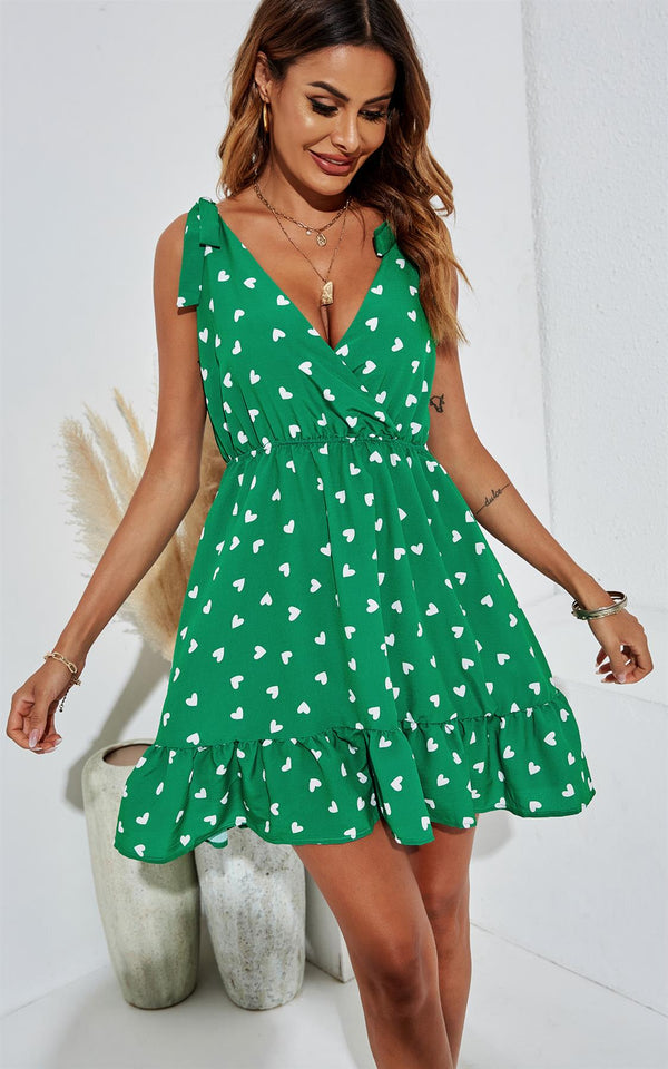 Heart Print Strappy Bardot Mini Dress In Green