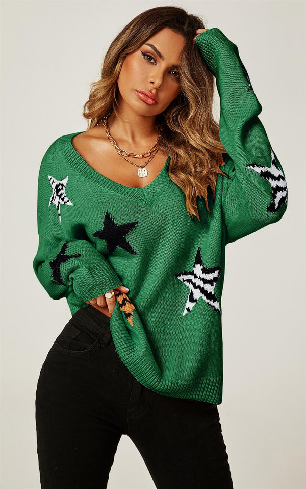 Relaxed Soft V Neck Animal Star Pattern Jumper Top In Green