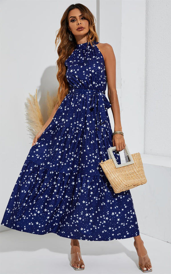 Night Sky – Maxi-Lagenkleid mit Neckholder-Ausschnitt in Marineblau und Weiß Little Star