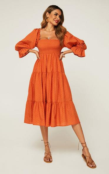 Puff Frill Sleeve Elasticated Detail Midi Dress In Orange