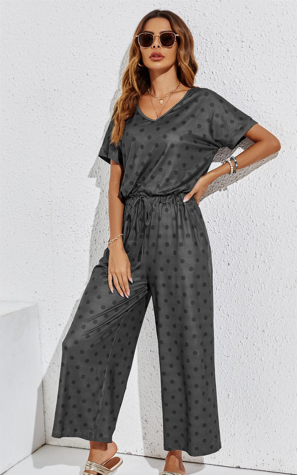 Black Polk Dot Loose Jumpsuit With Short Sleeve In Grey