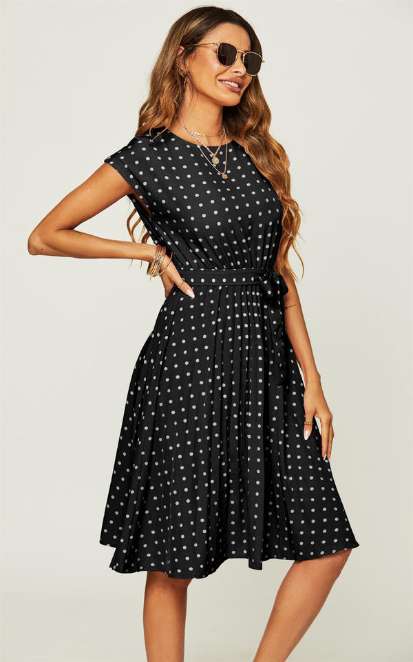 Polka Dot Sleeveless Pleated Midi Dress In Black