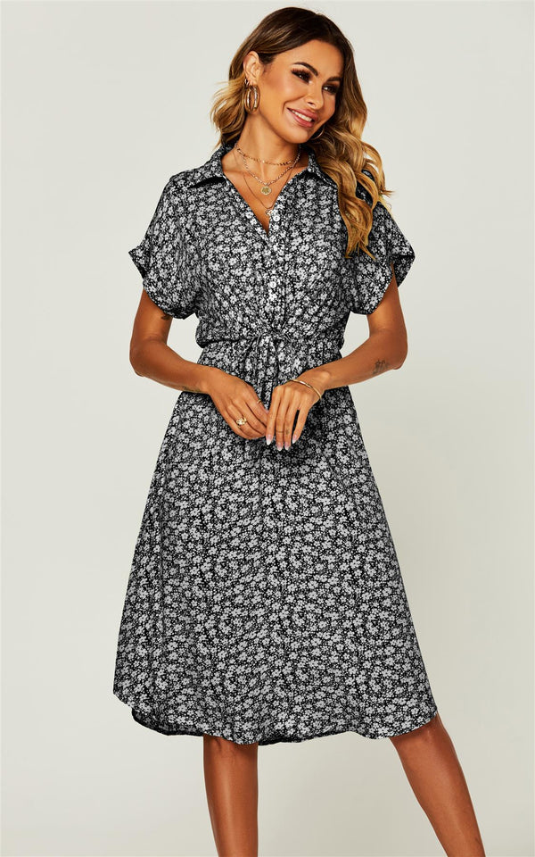 Relaxed Floral Print Button Down Midi Shirt Dress With Tie Waist