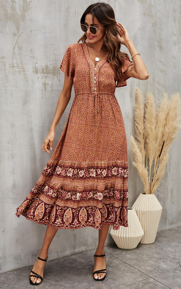 Floral Printed Tiered Midi Dress In Rusty Red