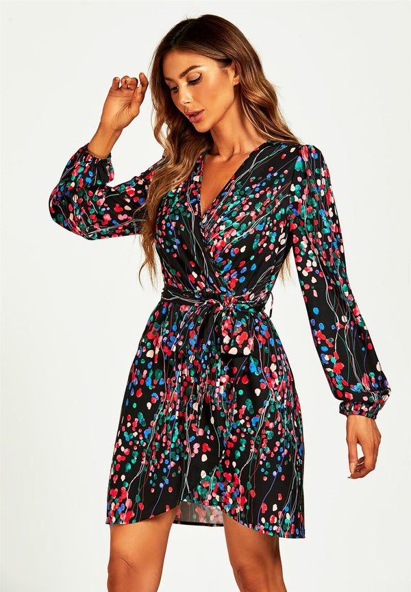 Abstract Floral Print Wrap Mini Dress In Black