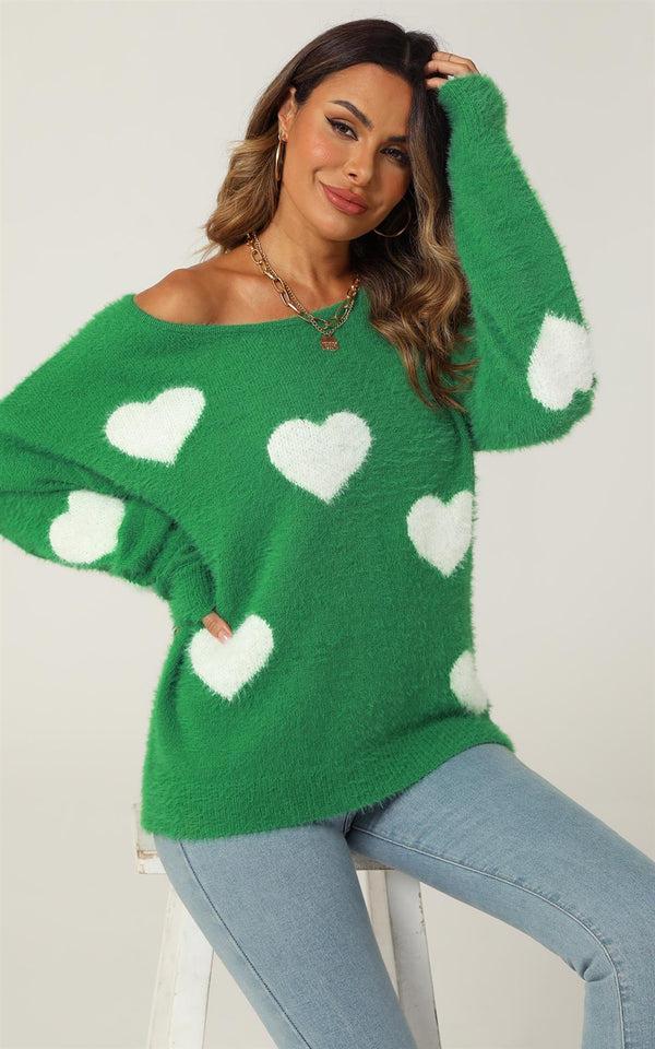 Relaxed Comfy White Heart Pattern Jumper Top In Green
