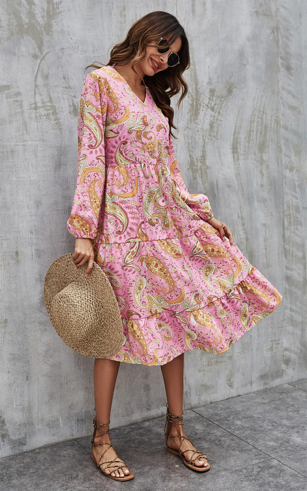 Paisley Print Tiered Long Sleeve Dress In Pink