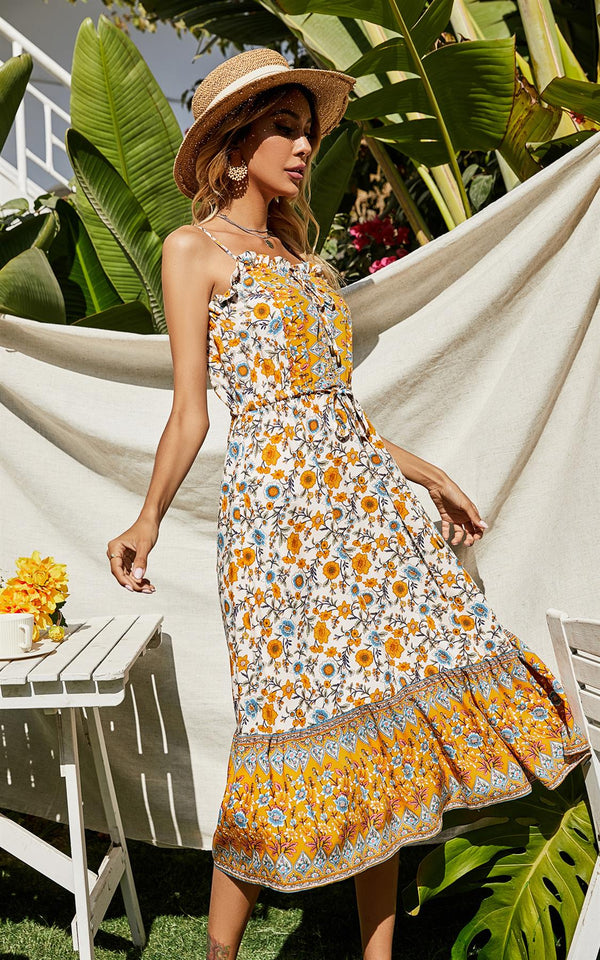 Yellow & Blue Floral Button Front Strappy Midi Dress In White