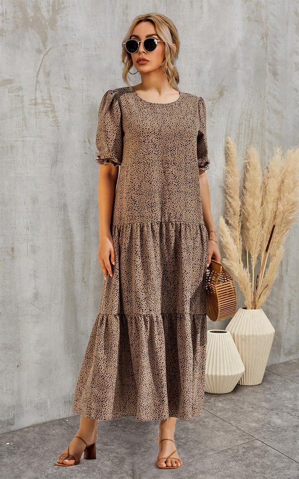 Black Dot Short Sleeve Relaxed Smock Dress In Beige