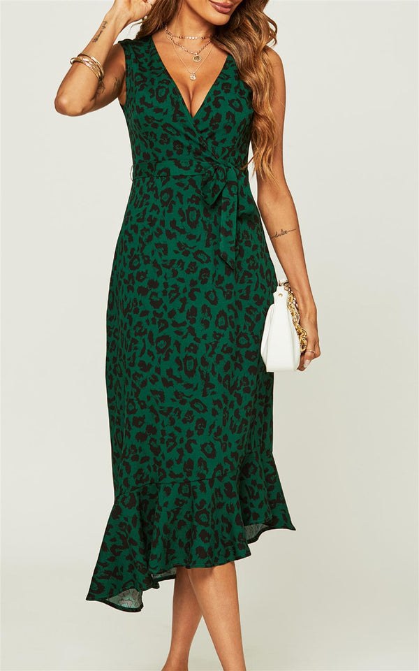 Leopard Print Asymmetric Hem Frill Detail Midi Dress In Green