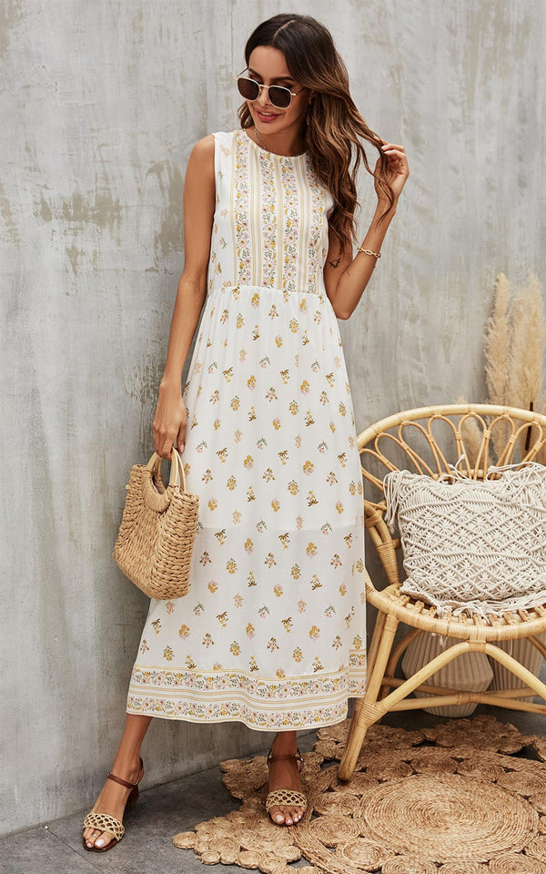 Yellow Floral & Strip Print Midi Dress In White
