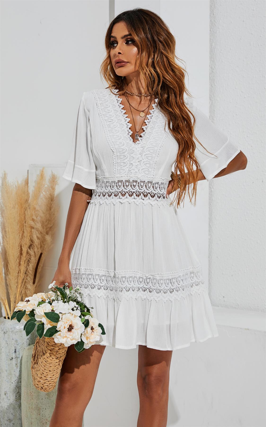 V Neck Lace Mini Dress In Ivory White – FS Collection (London)