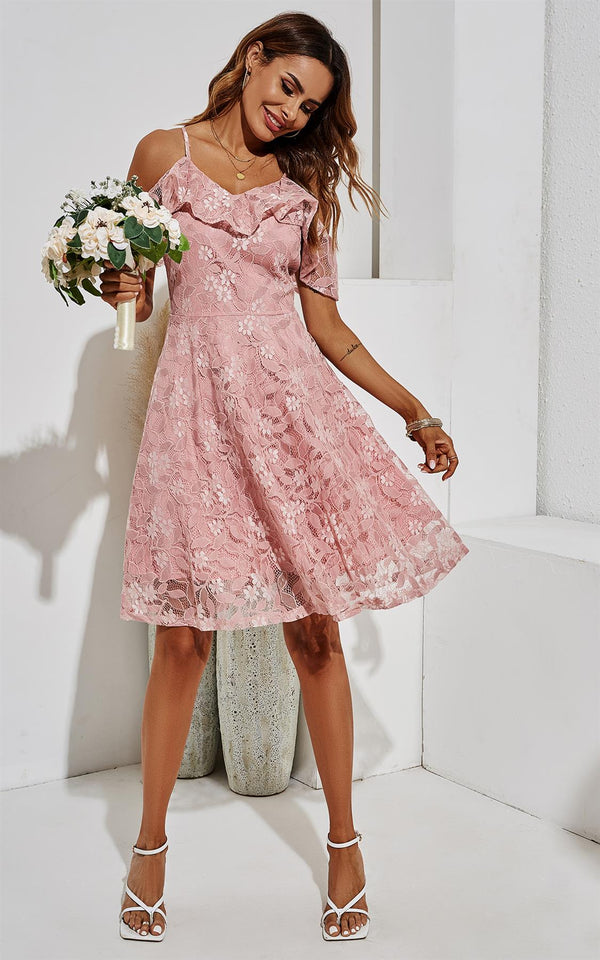 Cold Shoulder Midi Lace Dress In Pink