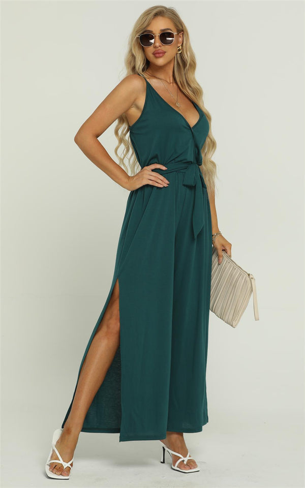 Simple Style Strappy Jumpsuit In Green