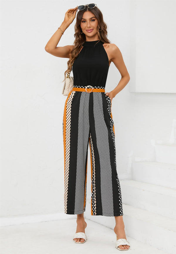 Black Halterneck Top 2 In 1 Jumpsuit In Strip Dot Print