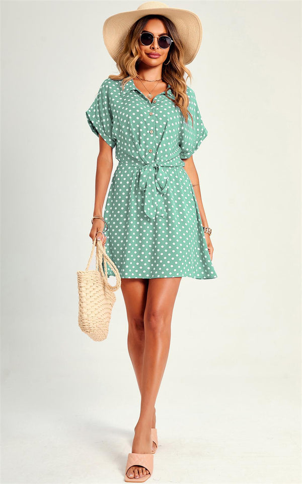 Relaxed Polka Dot Print Tie Front Mini Shirt Dress In Green