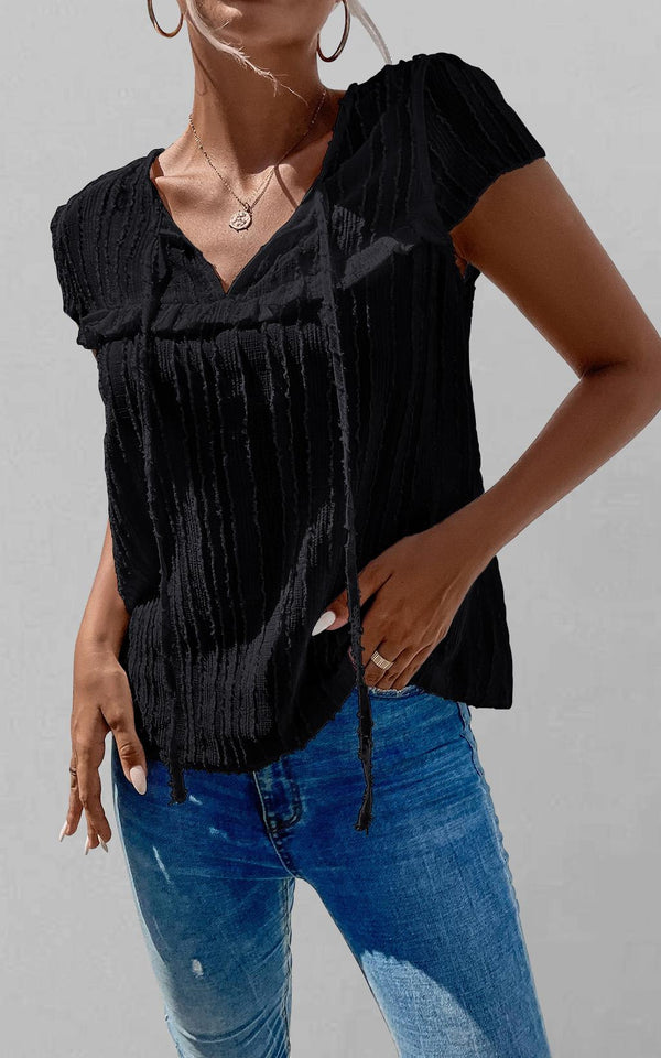 Flocked Tulle Sheer Top In Black