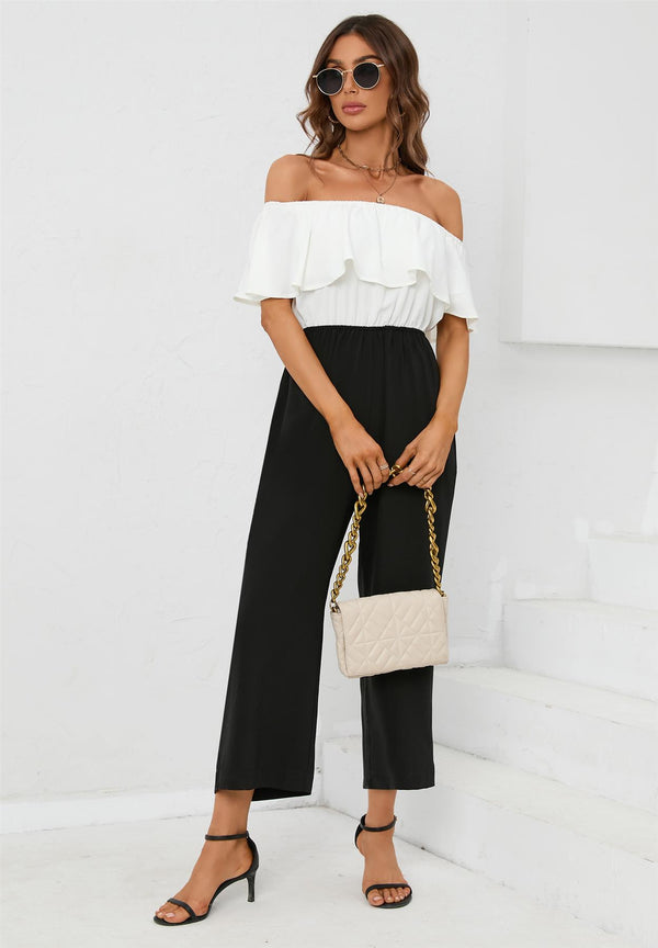 Black Contrast off the Shoulder Ruffle Jumpsuit In White