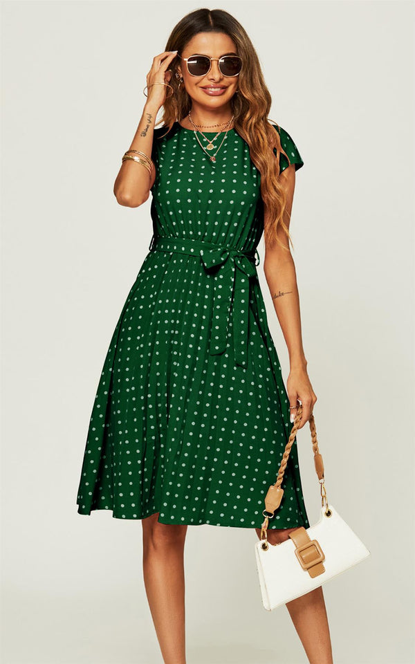 Polka Dot Sleeveless Pleated Midi Dress In Green