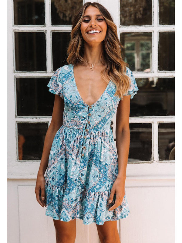 Mae Mini Skater Dress In Turquoise Blue Floral Print