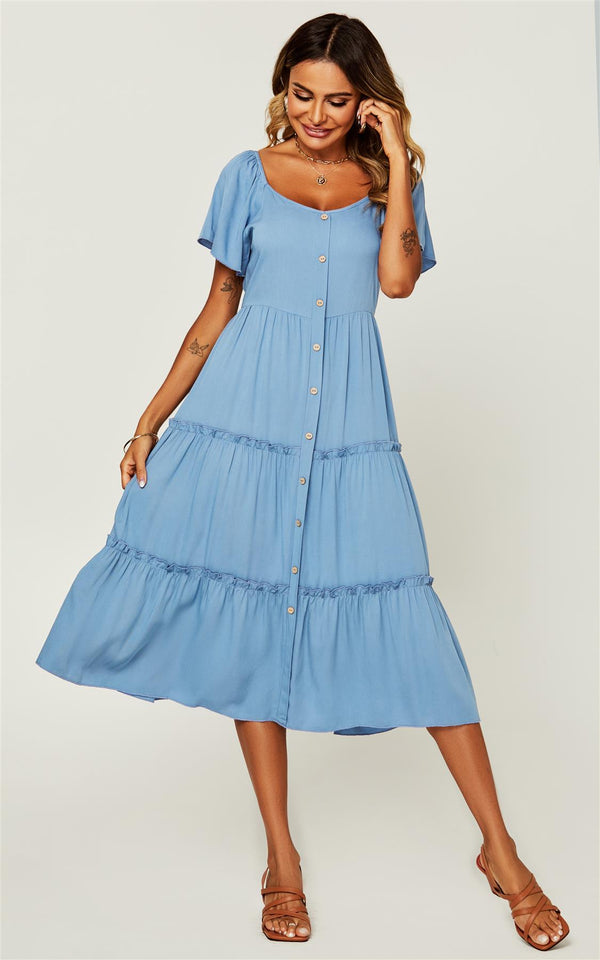Button Down Angel Sleeve Frill Detail Tiered Dress In Blue