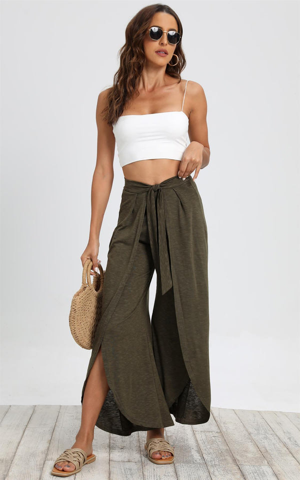 Wide Leg Tie Wrap Waist Trouser In Olive