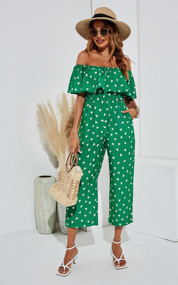 Bardot Ruffles Jumpsuit In Green & White Heart Print