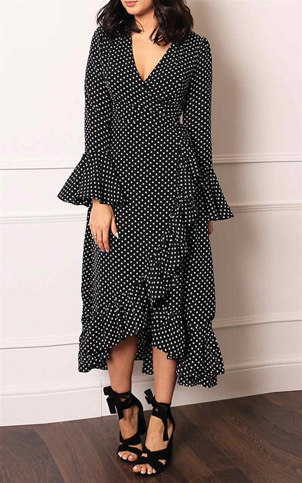 Wrap Dress With Frill Sleeve In Black & White Polka Dot