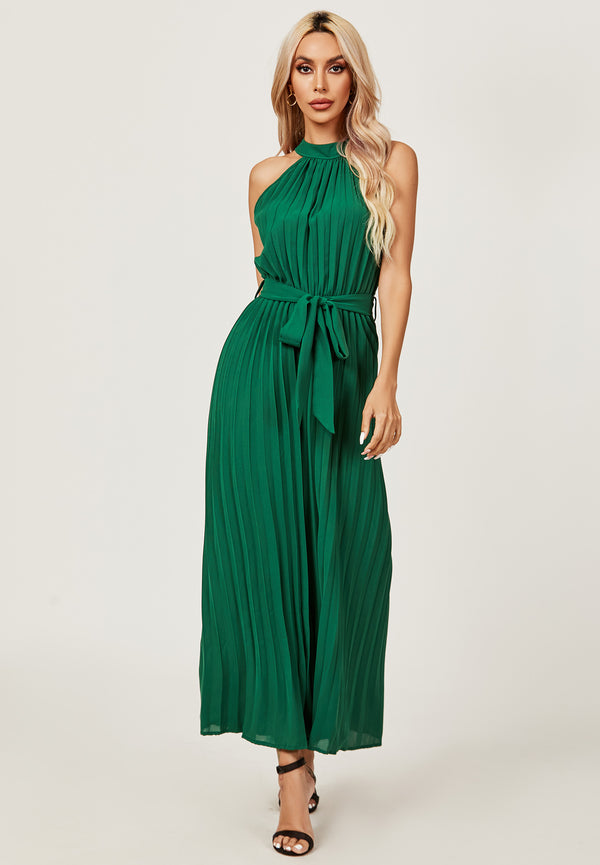 Halter Neck Pleated Jumpsuit In Green