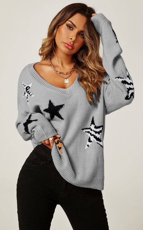 Relaxed Soft V Neck Animal Star Pattern Jumper Top In Beige