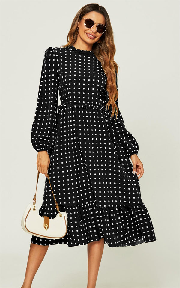 Langärmliges Midikleid mit Polka Dot-Print in Schwarz