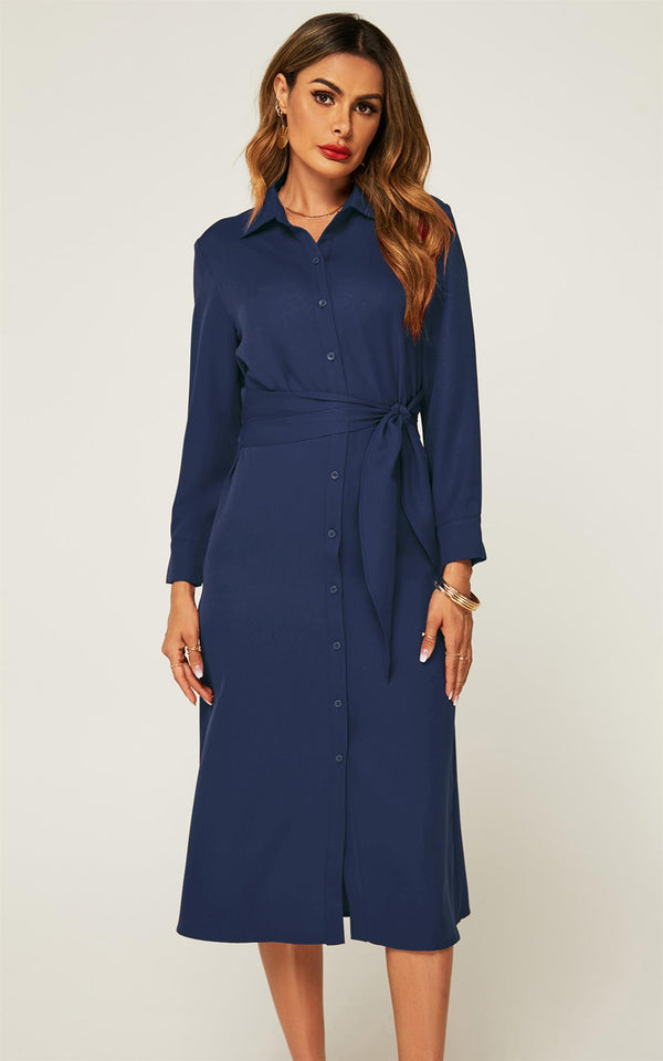 Marineblaues Midi-Hemdkleid mit Bindegürtel