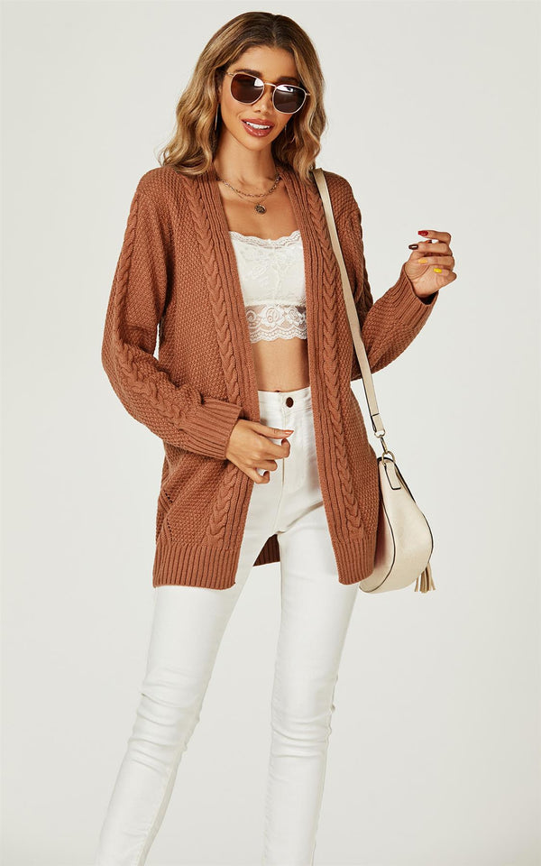 Midi Cable Knit Cardigan in Rusty Red