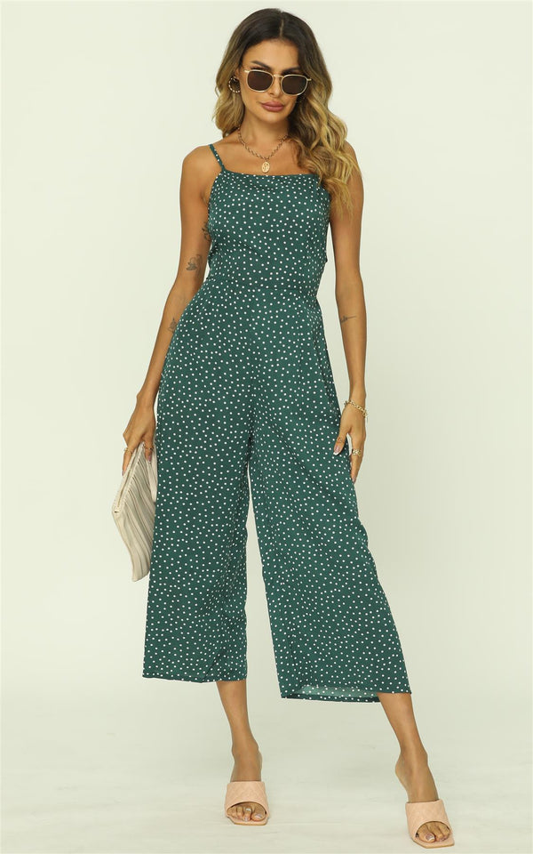 Polka Dot Tie Back Culotte Jumpsuit In Dark Green