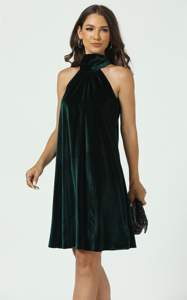 Velvet Halter Neck Tie Back Mini Dress In Dark Green