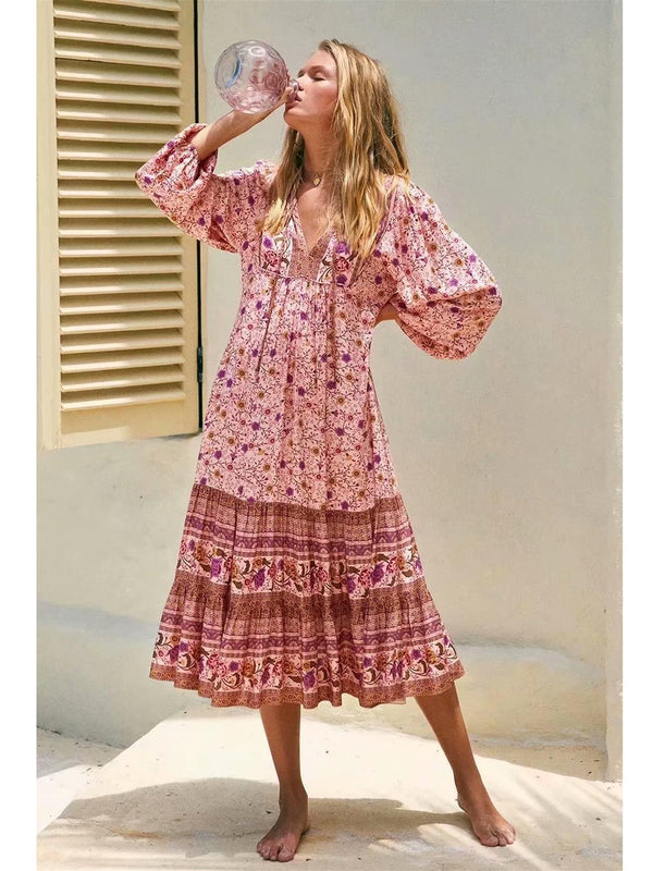 Boho Long Sleeve Tiered Smock Dress In Pink Floral Print