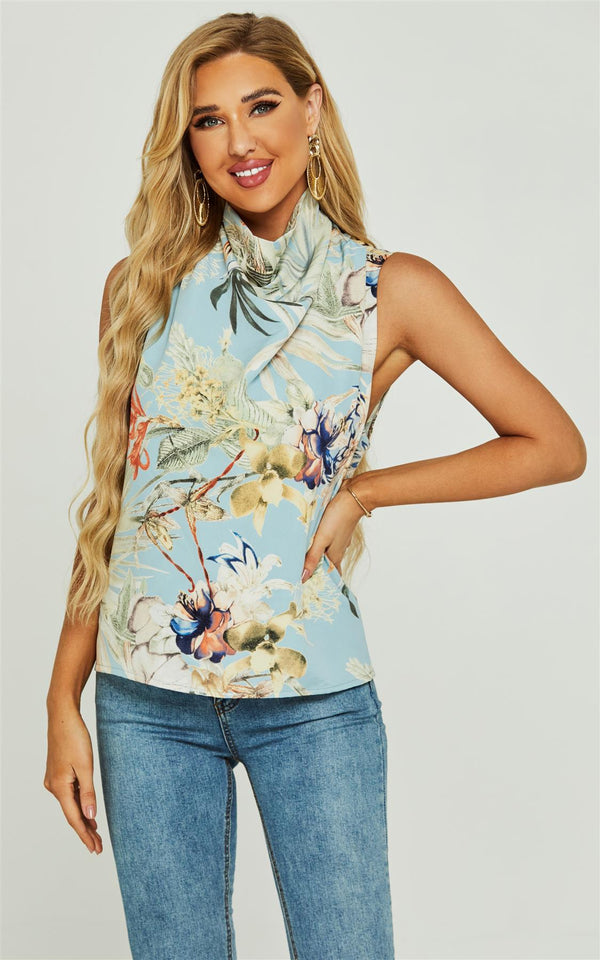 Floral Print High Neck Sleeveless Blouse In Blue