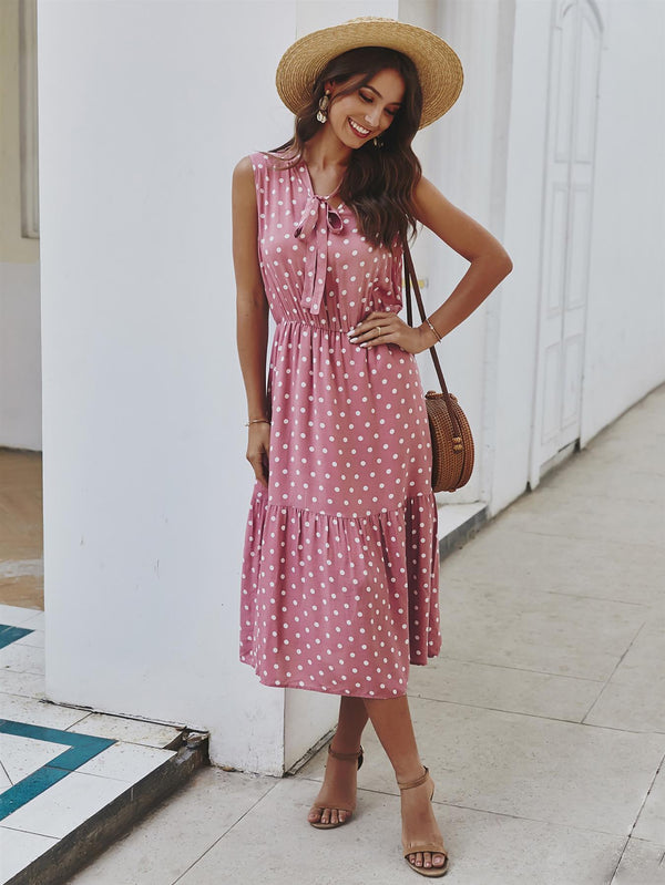 Tiered Midi Dress In Pink Polka Dot