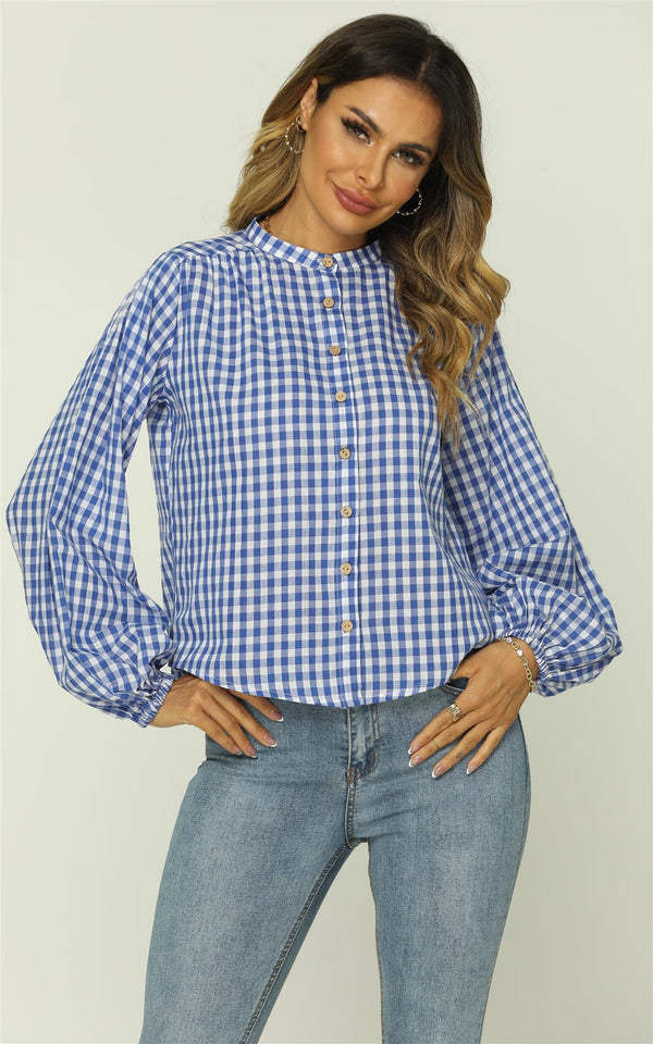 Gingham Print Band Collar Long Sleeve Top In Blue