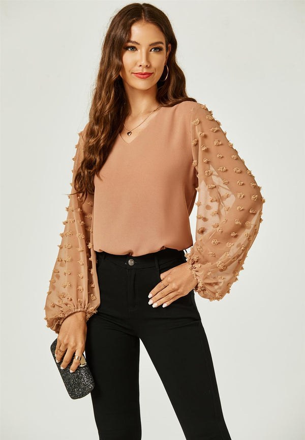 Lace Long Sleeve V Neck Top/Blouse In Camel