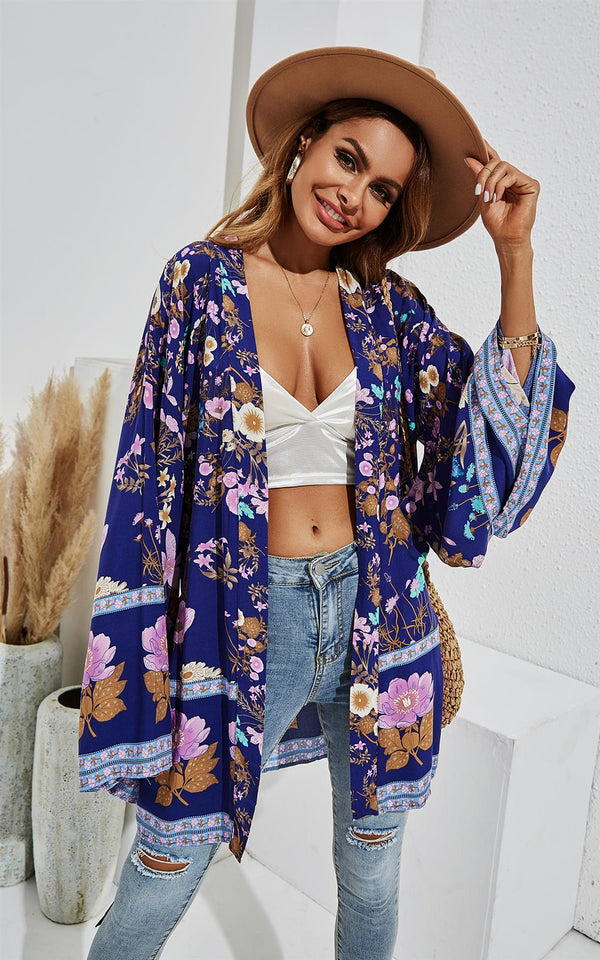 Relaxed Kimono In Navy & Pink Floral & Golden Leaf Print