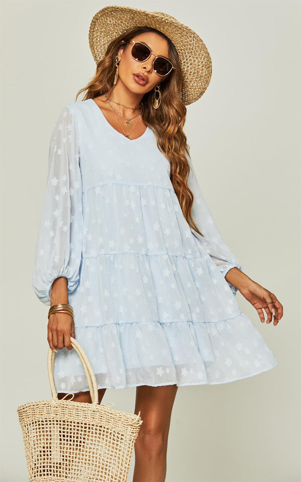 V Neck Long Balloon Sleeve Tiered Dress In Blue & Star Patten