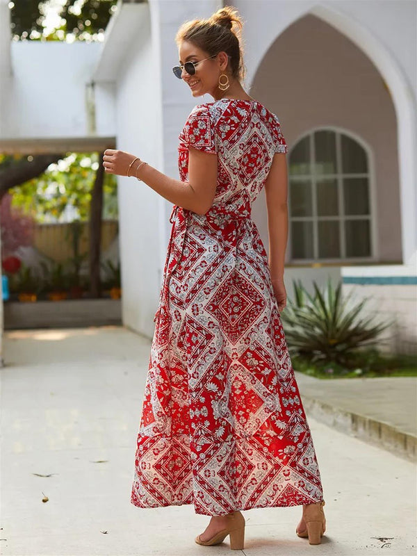 Bohemian Style Wrap Maxi Dress In Red & Cream Mix Geometric Print