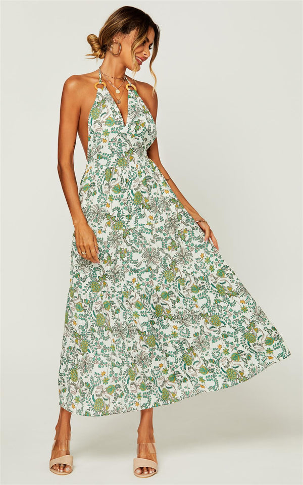 V Neck Back Tie Detail Maxi Dress In Green Floral Print