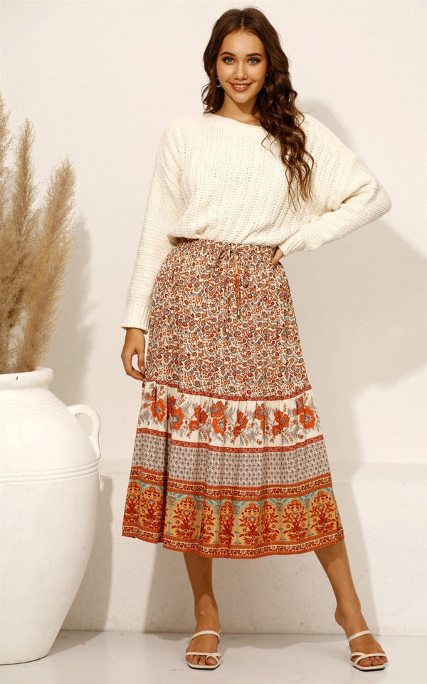 Orange Paisley Print Smocked Tiered Midi Skirt