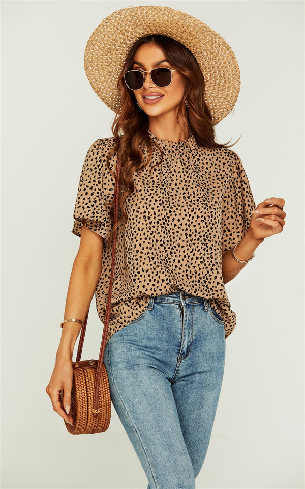 Little Heart Print Angle Sleeve High Neck Top/Blouse In Beige