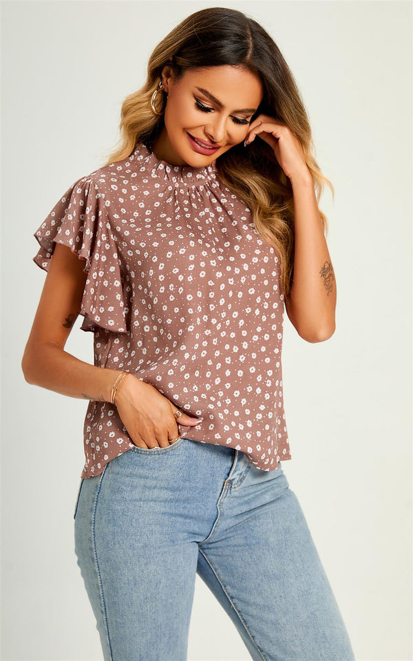Little Flora Print Frill Angle Sleeve High Neck Top/Blouse In Brown