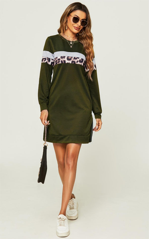 Relaxed Tunic Sweatshirt Mini Dress With White Animal Stripe In Olive Green
